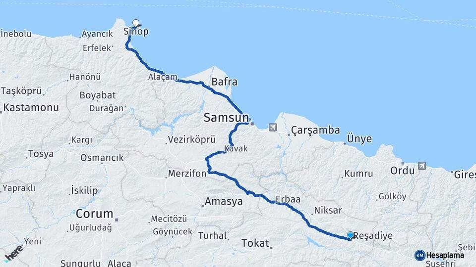 Tokat Reşadiye Sinop Arası Kaç Km - Yol Haritası