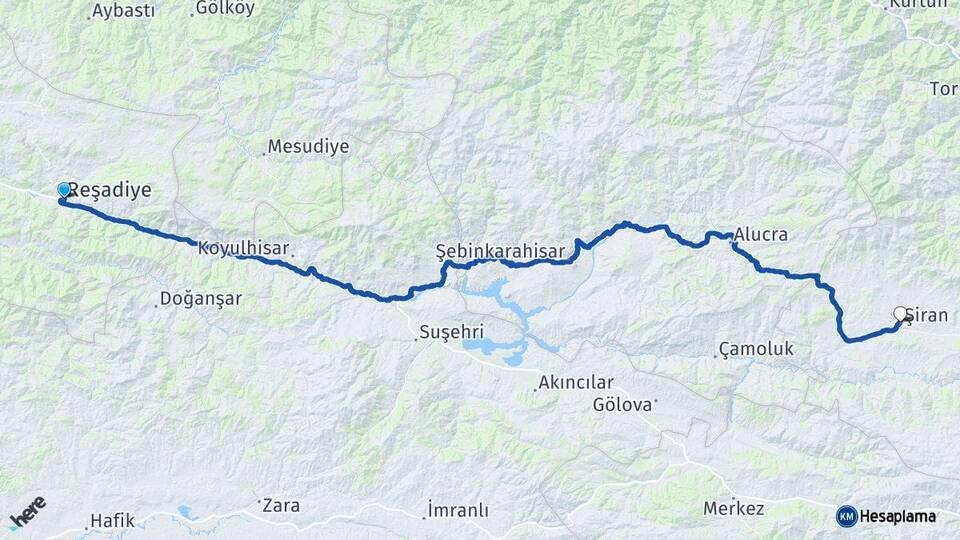Tokat Reşadiye Şiran Gümüşhane Arası Kaç Km - Yol Haritası