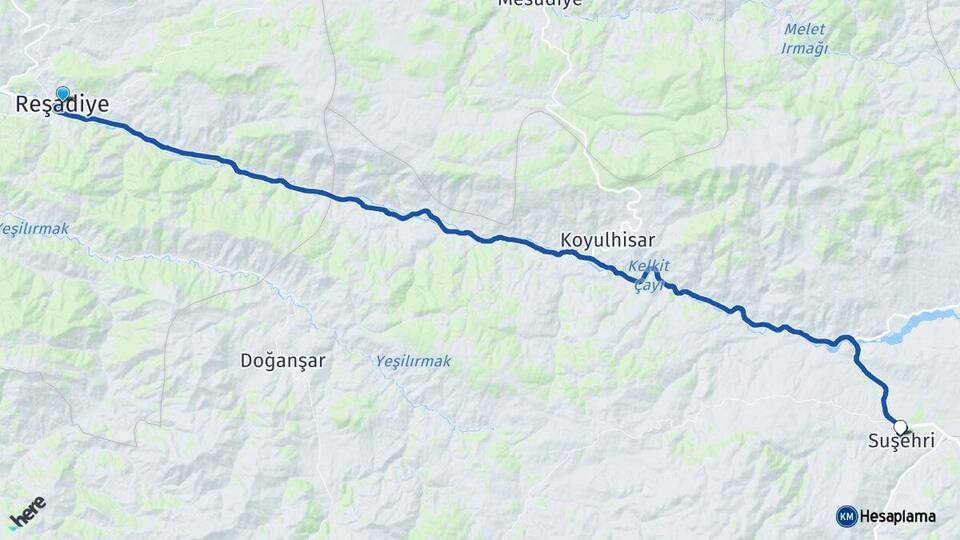 Tokat Reşadiye Suşehri Sivas Arası Kaç Km - Yol Haritası