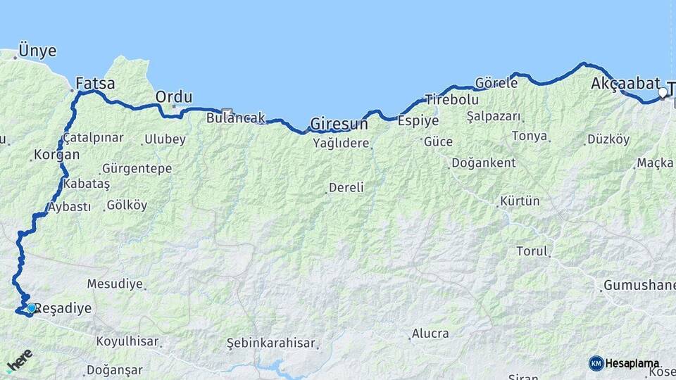 Tokat Reşadiye Trabzon Arası Kaç Km - Yol Haritası