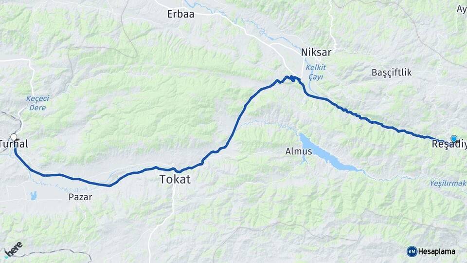 Tokat Reşadiye Turhal Arası Kaç Km - Yol Haritası