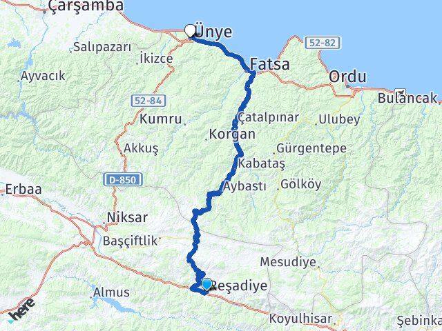 Tokat Reşadiye Ünye Ordu Arası Kaç Km - Yol Haritası