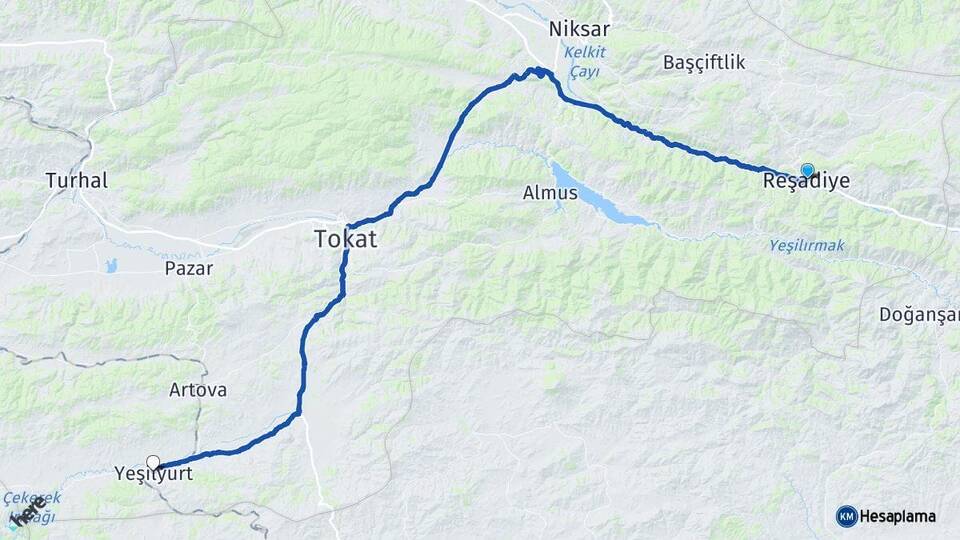 Tokat Reşadiye Yeşilyurt Arası Kaç Km - Yol Haritası