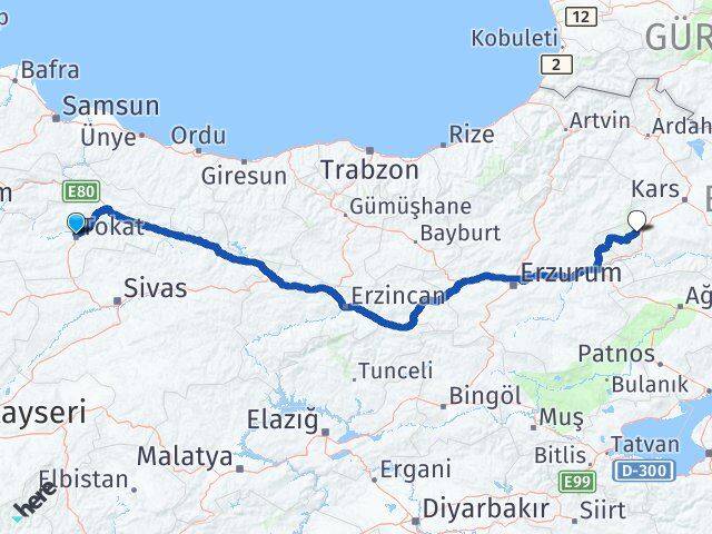 Tokat Sarıkamış Kars Arası Kaç Km - Yol Haritası