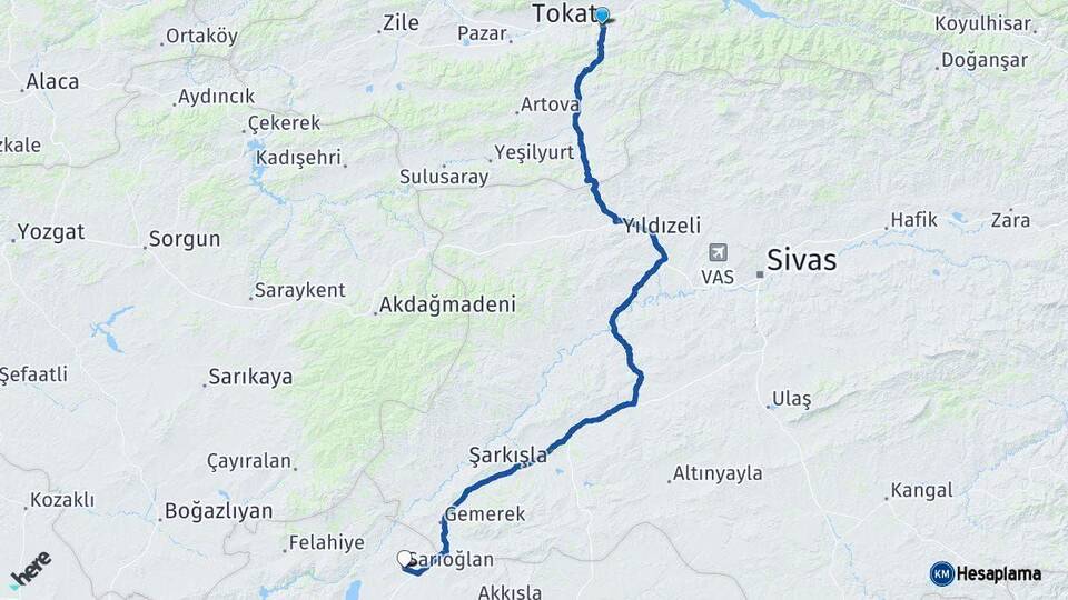 Tokat Sarıoğlan Kayseri Arası Kaç Km - Yol Haritası