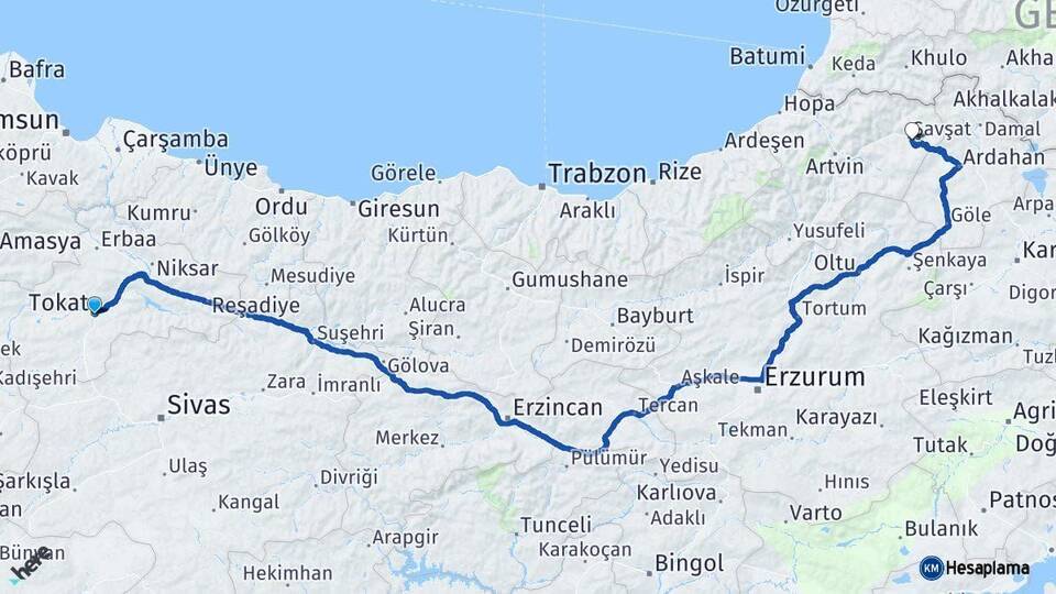 Tokat Şavşat Artvin Arası Kaç Km - Yol Haritası