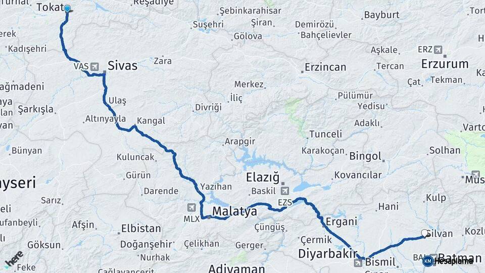 Tokat Silvan Diyarbakır Arası Kaç Km - Yol Haritası