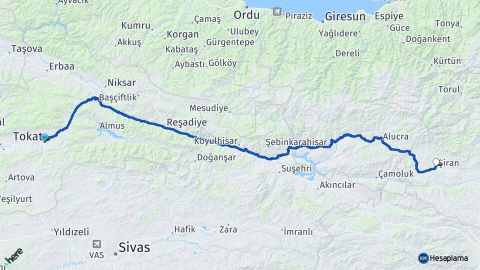 Tokat Şiran Gümüşhane Arası Kaç Km - Yol Haritası