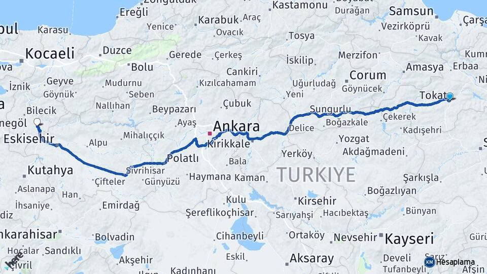 Tokat Söğüt Bilecik Arası Kaç Km - Yol Haritası