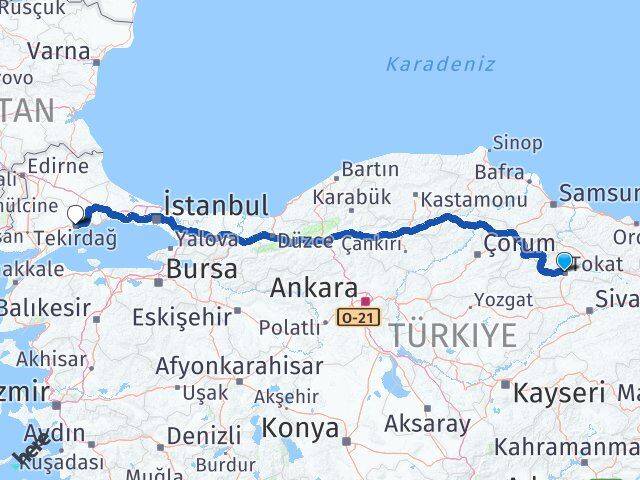 Tokat Süleymanpaşa Tekirdağ Arası Kaç Km - Yol Haritası