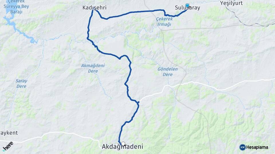 Tokat Sulusaray Akdağmadeni Yozgat Arası Kaç Km - Yol Haritası