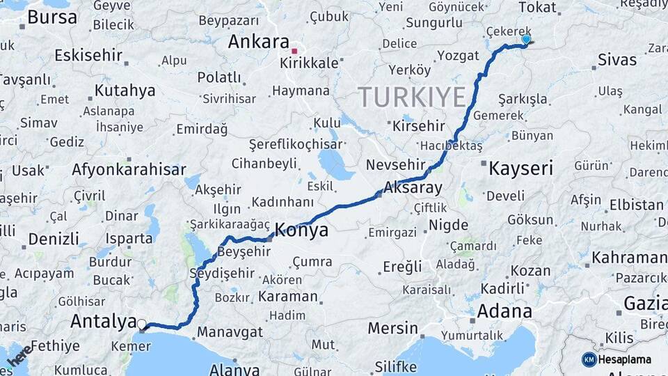 Tokat Sulusaray Antalya Arası Kaç Km - Yol Haritası