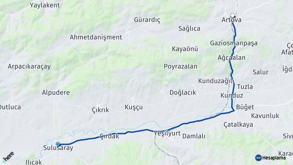Tokat Sulusaray Artova Arası Kaç Km - Yol Haritası