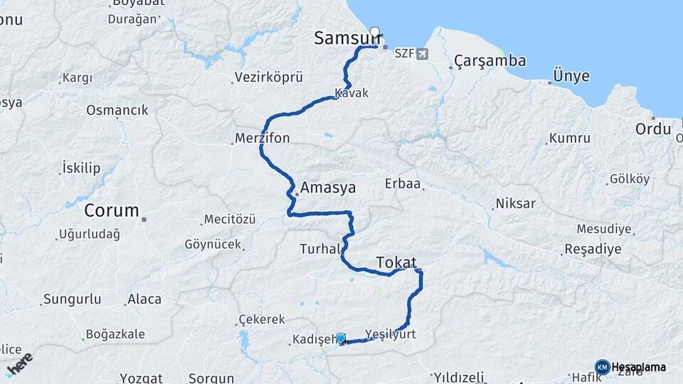 Tokat Sulusaray Atakum Samsun Arası Kaç Km - Yol Haritası