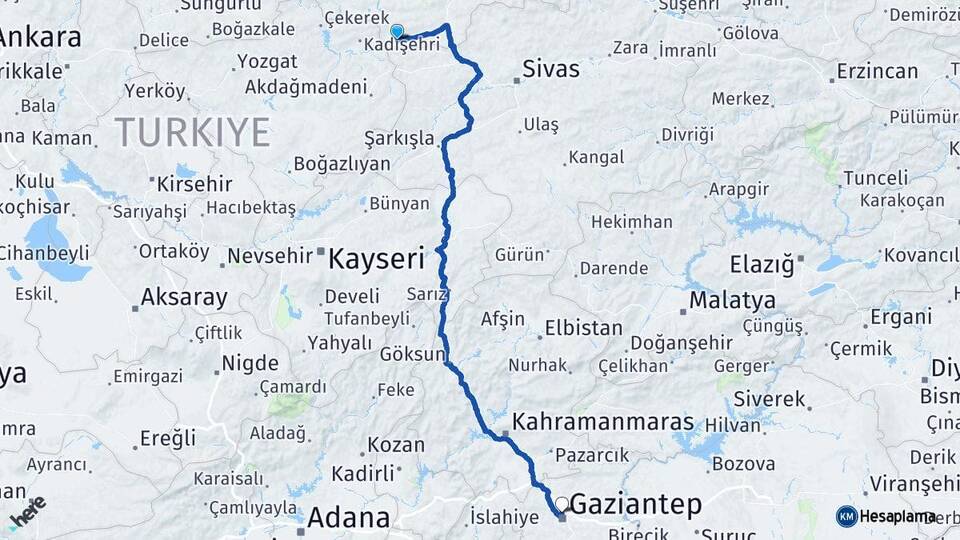 Tokat Sulusaray Gaziantep Arası Kaç Km - Yol Haritası