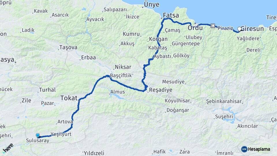 Tokat Sulusaray Giresun Arası Kaç Km - Yol Haritası