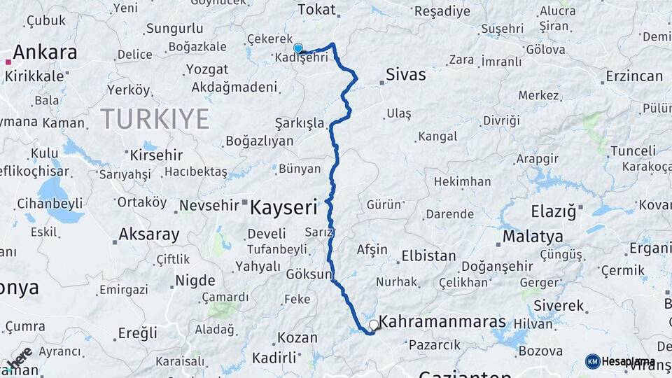 Tokat Sulusaray Kahramanmaraş Arası Kaç Km - Yol Haritası