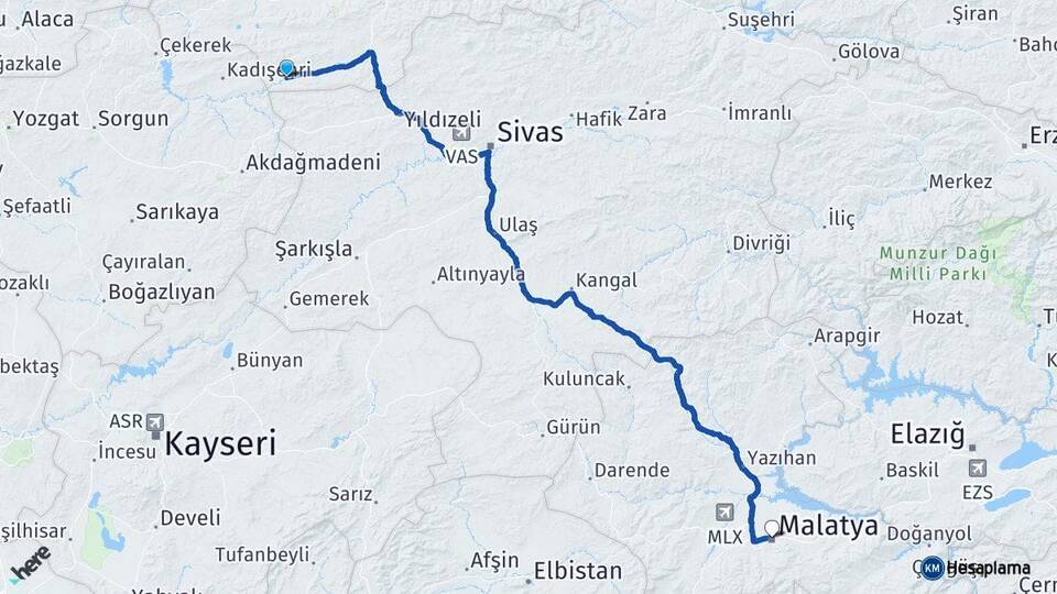 Tokat Sulusaray Malatya Arası Kaç Km - Yol Haritası