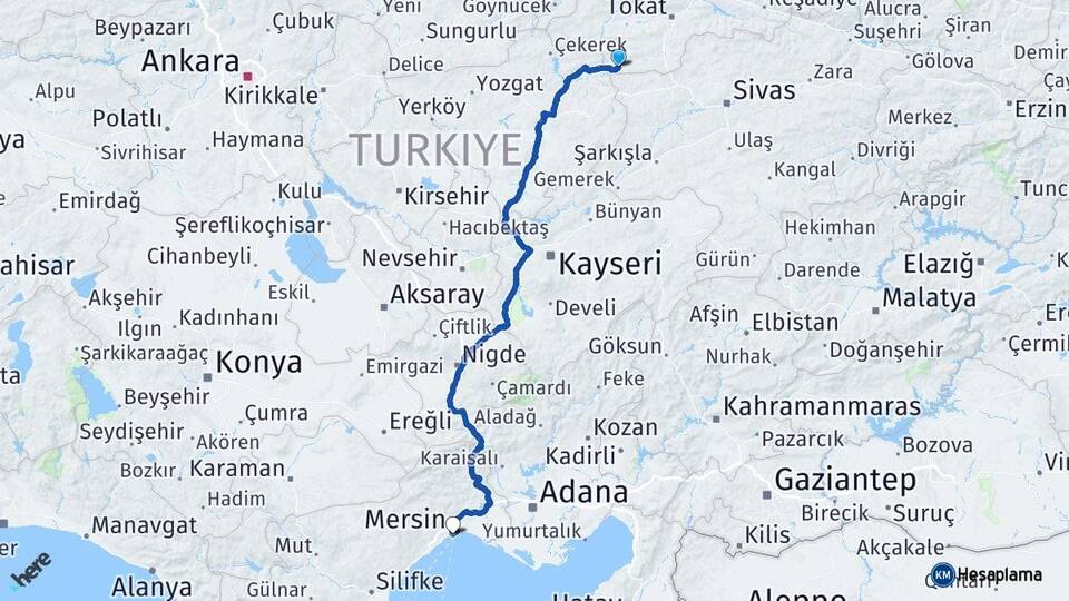 Tokat Sulusaray Mersin Arası Kaç Km - Yol Haritası