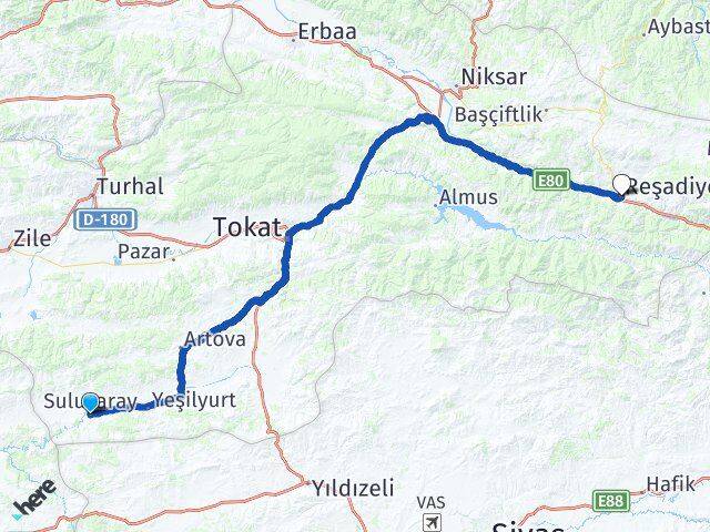 Tokat Sulusaray Reşadiye Arası Kaç Km - Yol Haritası