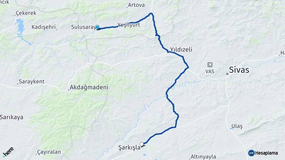 Tokat Sulusaray Şarkışla Sivas Arası Kaç Km - Yol Haritası