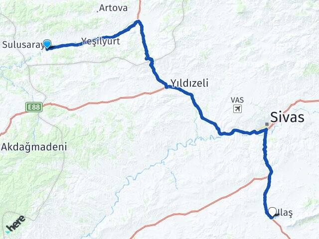 Tokat Sulusaray Ulaş Sivas Arası Kaç Km - Yol Haritası