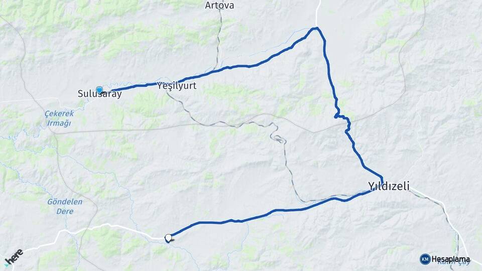Tokat Sulusaray Yavu Yıldızeli Sivas Arası Kaç Km - Yol Haritası