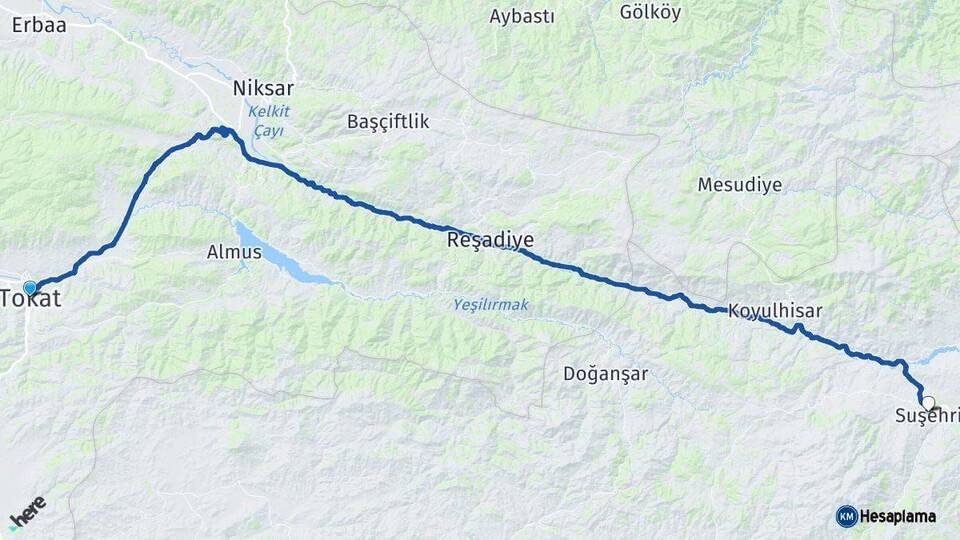 Tokat Suşehri Sivas Arası Kaç Km - Yol Haritası