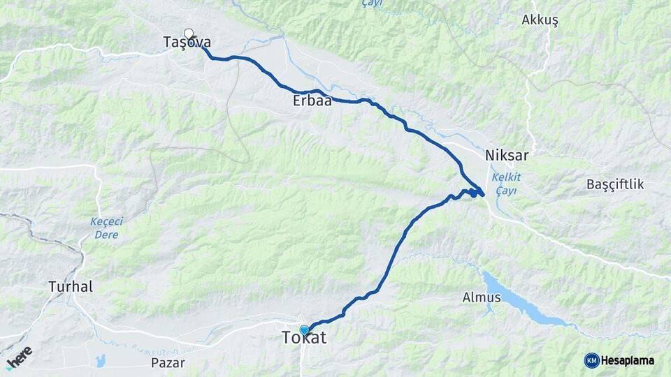 Tokat Taşova Amasya Arası Kaç Km - Yol Haritası