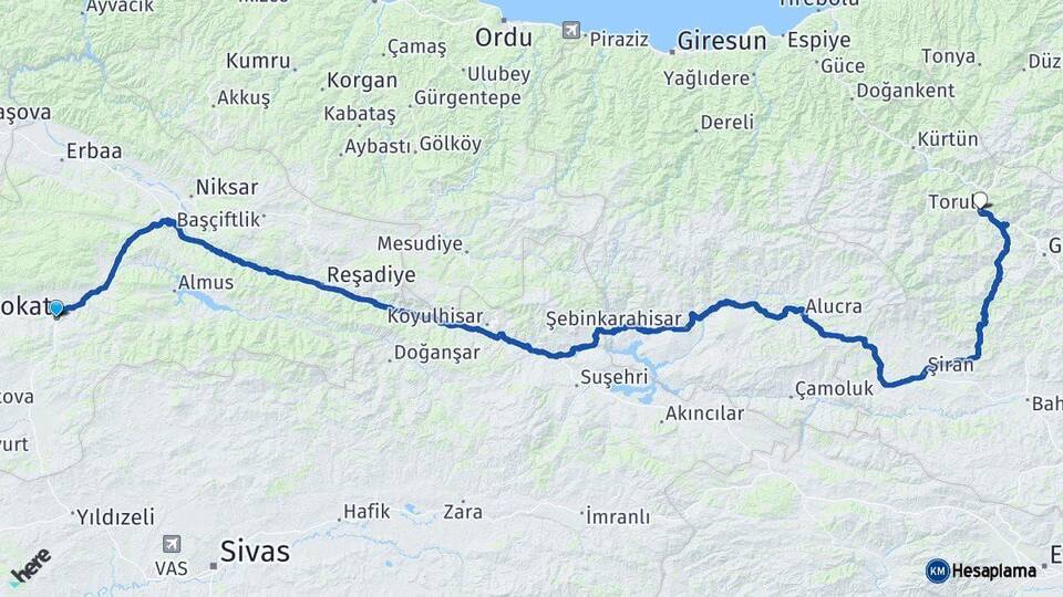Tokat Torul Gümüşhane Arası Kaç Km - Yol Haritası