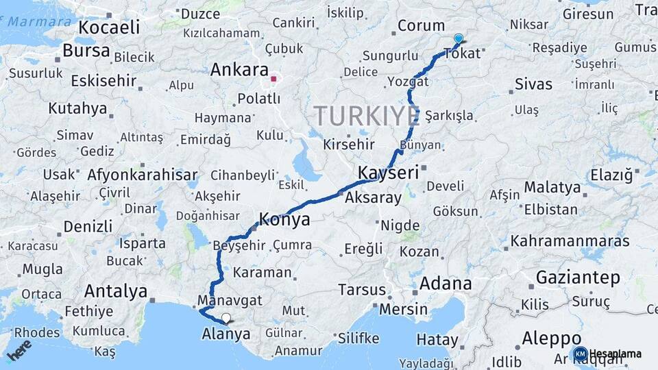 Tokat Turhal Alanya Antalya Arası Kaç Km - Yol Haritası