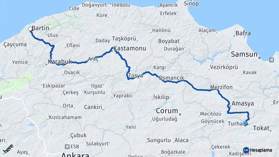 Tokat Turhal Bartın Arası Kaç Km - Yol Haritası
