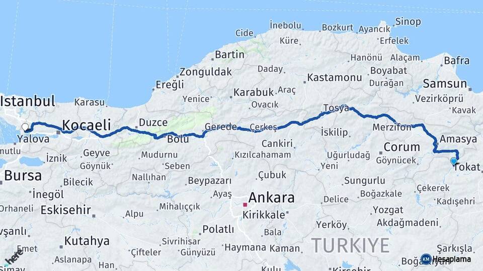 Tokat Turhal Gebze Kocaeli Arası Kaç Km - Yol Haritası