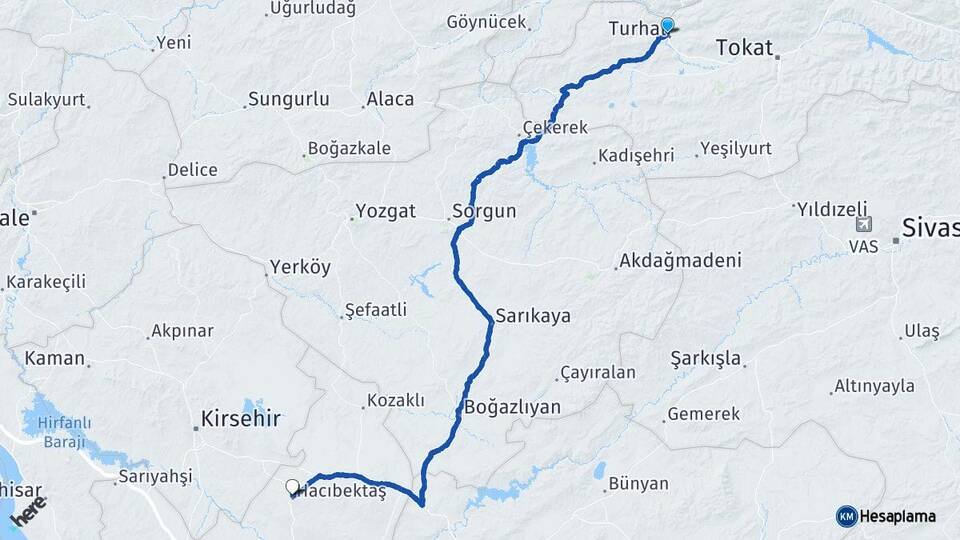 Tokat Turhal Hacıbektaş Nevşehir Arası Kaç Km - Yol Haritası