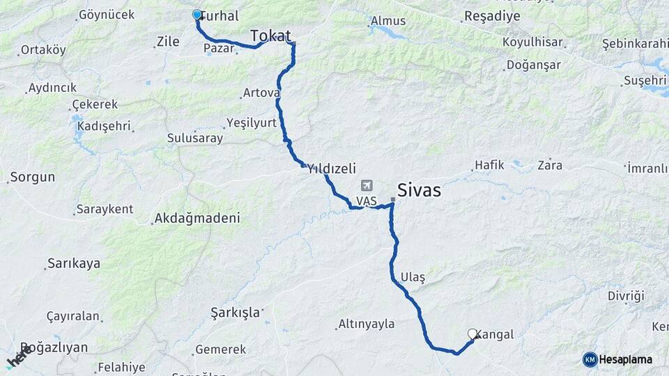 Tokat Turhal Kangal Sivas Arası Kaç Km - Yol Haritası