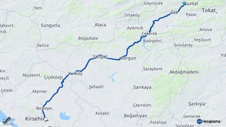 Tokat Turhal Kırşehir Arası Kaç Km - Yol Haritası