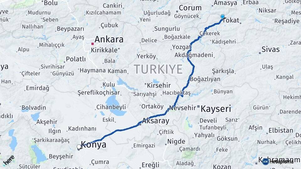 Tokat Turhal Konya Arası Kaç Km - Yol Haritası