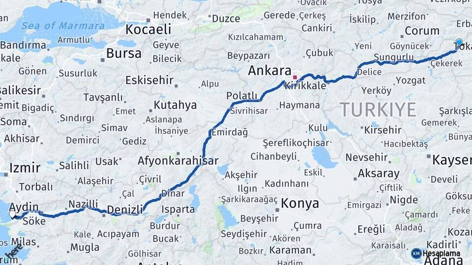 Tokat Turhal Kuşadası Aydın Arası Kaç Km - Yol Haritası