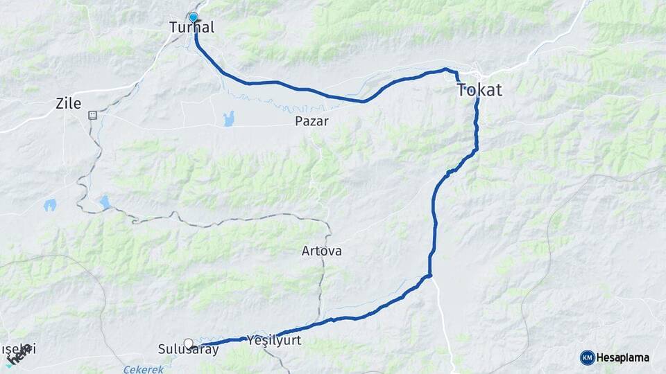 Tokat Turhal Sulusaray Arası Kaç Km - Yol Haritası