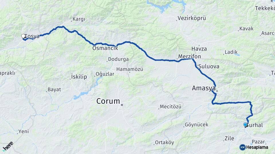 Tokat Turhal Tosya Kastamonu Arası Kaç Km - Yol Haritası