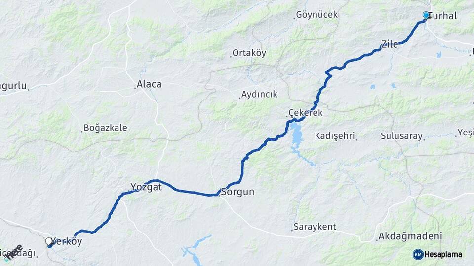 Tokat Turhal Yerköy Yozgat Arası Kaç Km - Yol Haritası