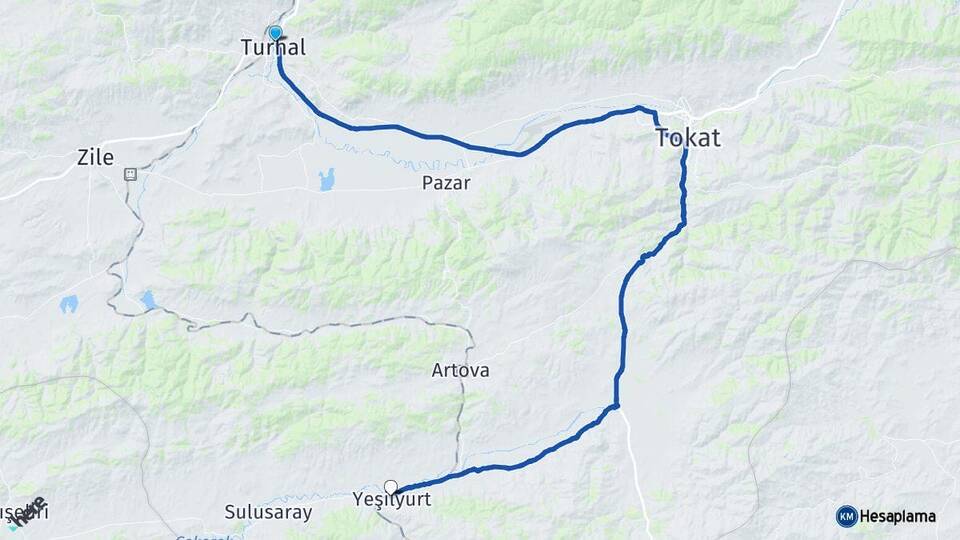 Tokat Turhal Yeşilyurt Arası Kaç Km - Yol Haritası