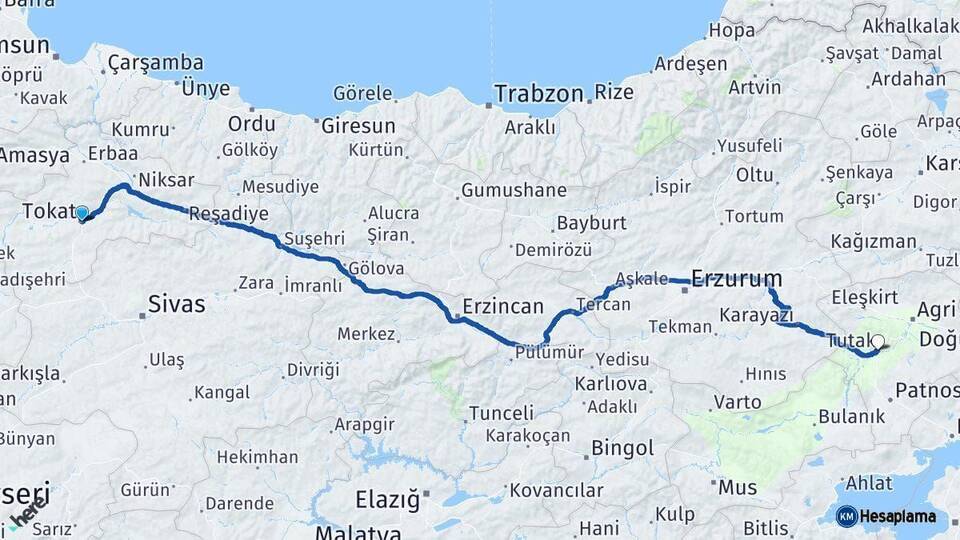 Tokat Tutak Ağrı Arası Kaç Km - Yol Haritası