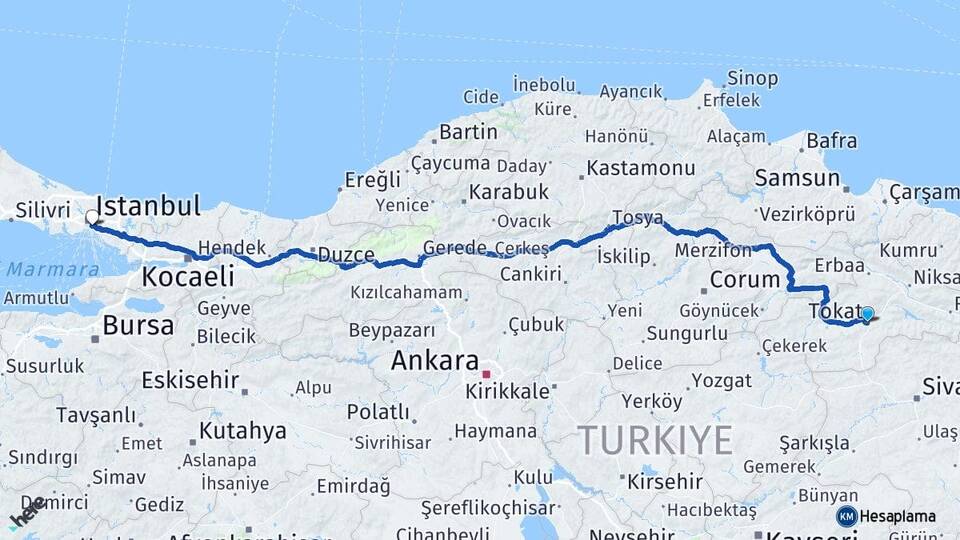 Tokat Üsküdar İstanbul Arası Kaç Km - Yol Haritası
