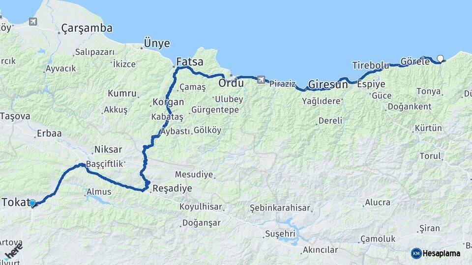 Tokat Vakfıkebir Trabzon Arası Kaç Km - Yol Haritası