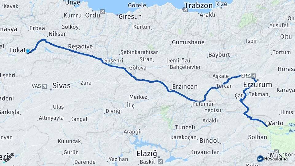 Tokat Varto Muş Arası Kaç Km - Yol Haritası