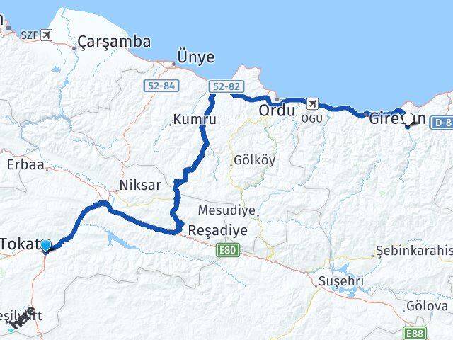 Tokat Yağlıdere Giresun Arası Kaç Km - Yol Haritası