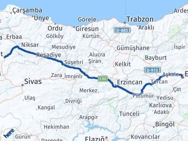 Tokat Yakutiye Erzurum Arası Kaç Km - Yol Haritası