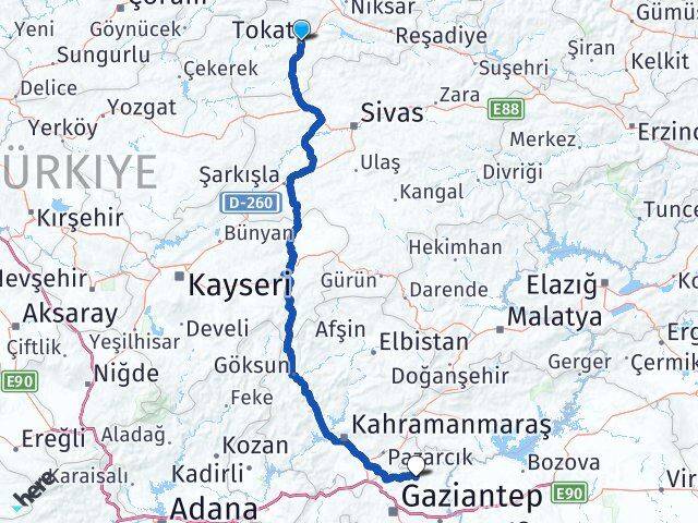 Tokat Yavuzeli Gaziantep Arası Kaç Km - Yol Haritası