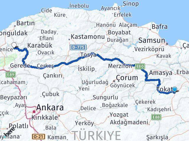 Tokat Yenice Karabük Arası Kaç Km - Yol Haritası